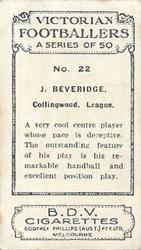 1933 Godfrey Phillips B.D.V. Victorian Footballers (A Series of 50) #22 John Beveridge Back